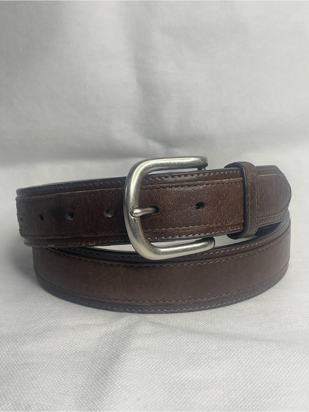 Cabelas Full Grain Brown Leather Belt Mens Size 42 Elk on Cowhide Dbl Stitch
